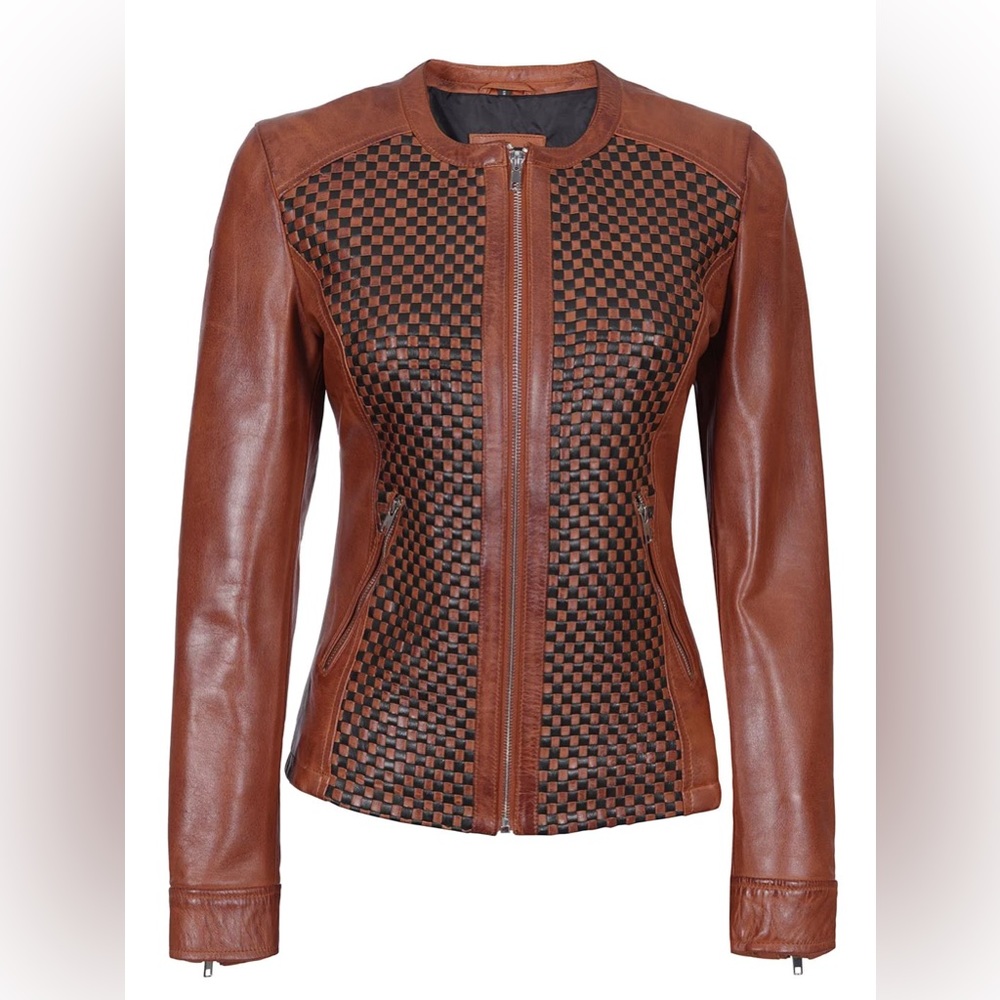 Maude Women Cognac Textured Leather Biker Jacket G92-2